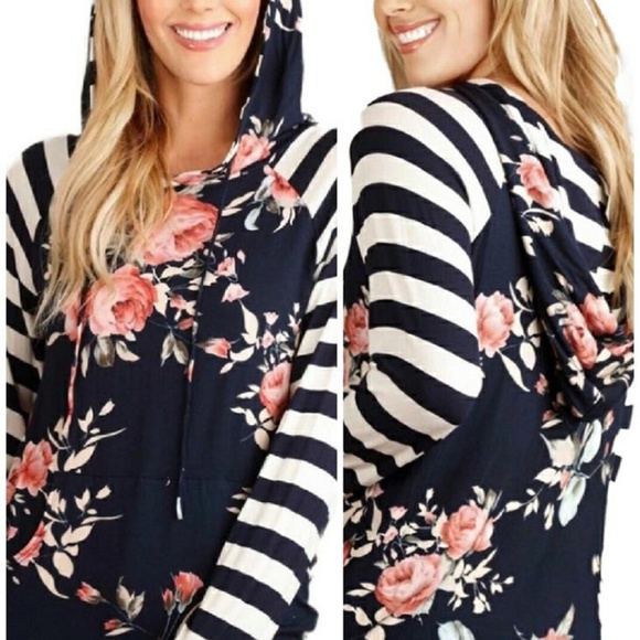 NAVY BLUE WHITE STRIPED HOODED TOP - Picture 2 of 6